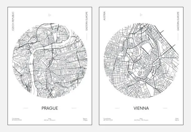 Vector illustration of Travel poster, urban street plan city map Prague and Vienna, vector illustration