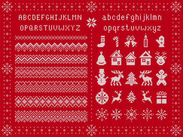 Knitted font and xmas elements. Vector illustration. Christmas ugly seamless print. Christmas font and xmas elements. Vector. Knit seamless borders. Sweater pattern. Fairisle ornament with type, snowflake, deer, bell, tree, snowman, gift box. Knitted print. Red textured illustration knitted stock illustrations