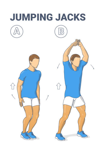 Man Doing Jumping Jacks Home Workout Exercise Diagram. Athletic Guy Star Jumps Fitness Illustration Man Doing Jumping Jacks Home Workout Exercise Diagram. Star Jumps Fitness Illustration. An Athletic Male in Sportswear Does the Side Straddle Hop Sequentially Guidance Vector. jumping jacks stock illustrations
