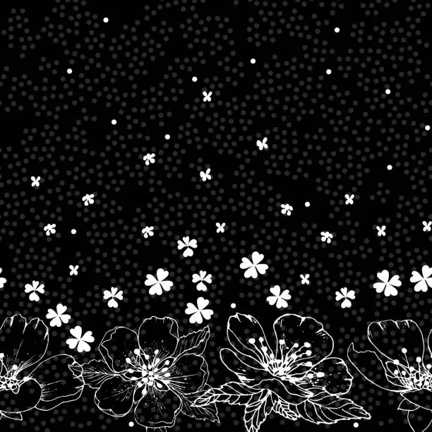 Vector illustration of Botanical seamless borders, bezel with white flowers and leaves on a black background. Polka dots on the background. For towels, dresses and fabrics. For web pages and printing.