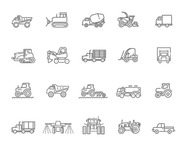 ilustrações de stock, clip art, desenhos animados e ícones de agricultural and farming machines. industrial machinery icons - commercial sprinkler system