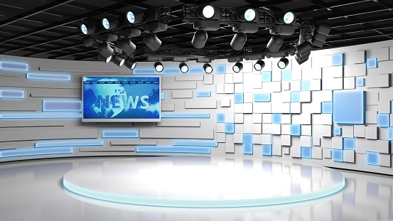 Tv studio. News room. Blye and red background. General and close-up shot. News Studio. Studio Background. Newsroom bakground. The perfect backdrop for any green screen or chroma key video production. Loop. 3D rendering