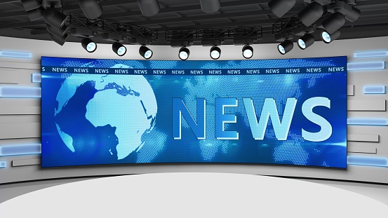 Tv studio. News room. Blye and red background. General and close-up shot. News Studio. Studio Background. Newsroom bakground. The perfect backdrop for any green screen or chroma key video production. Loop. 3D rendering