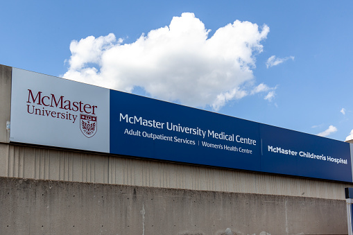 Hamilton, Ontario, Canada - August 23, 2020: Sign of McMaster University Medical Centre and McMaster Children's hospital in Hamilton, Ontario, Canada.