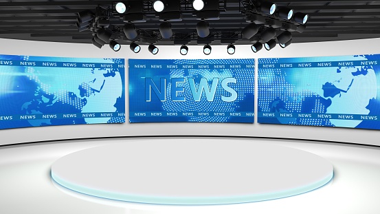 Tv studio. News room. Blye background. News Studio. Studio Background. Newsroom bakground. The perfect backdrop for any green screen or chroma key video production. Loop. 3D rendering.