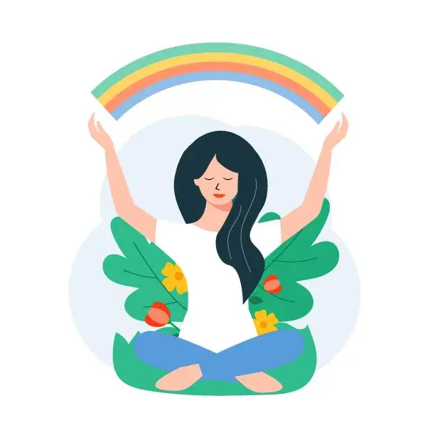 Vector illustration of Beautiful woman practices yoga. The concept of health and a positive attitude to life. The unity of man with nature