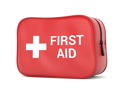 First aid kit: red fabric bag with medical cross symbol and text isolated on white background. 3D illustration