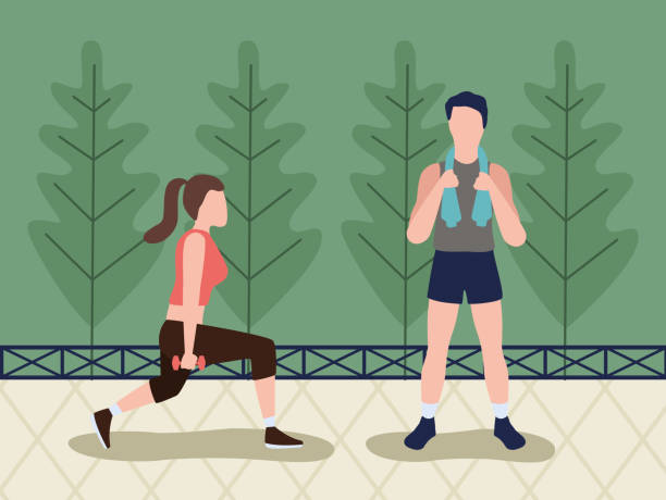 illustrations, cliparts, dessins animés et icônes de couple de fitness pratiquant le sport - serviette autour du cou