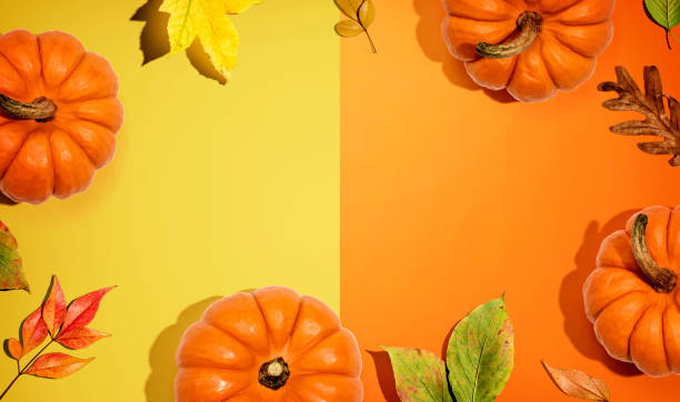 istock Autumn pumpkins with colorful leaves overhead view 1321343133