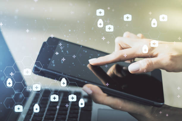 istock Creative abstract medical hologram and finger presses on a digital tablet on background, online medical consulting concept. Multiexposure 1321343548