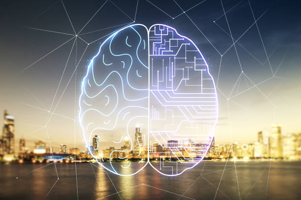 istock Double exposure of creative artificial Intelligence interface on Chicago city skyscrapers background. Neural networks and machine learning concept 1321343566