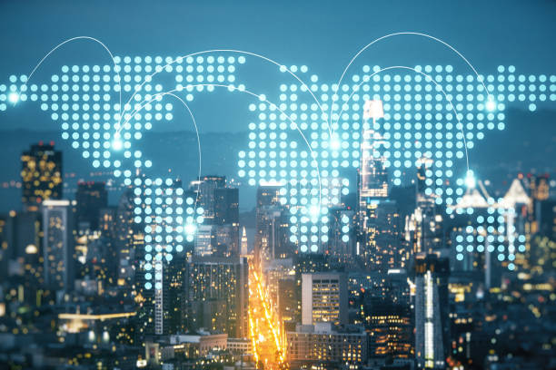 istock Abstract virtual world map with connections on San Francisco skyline background, international trading concept. Multiexposure 1321343569