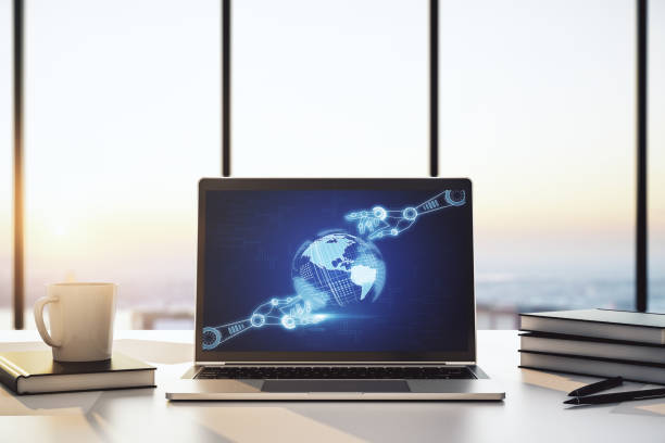 istock Modern computer monitor with robotics technology with world map hologram. Research and development software concept. 3D Rendering 1321343710