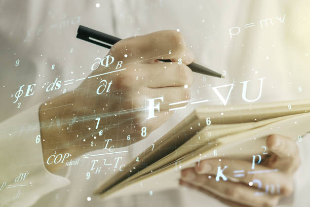 istock Creative scientific formula concept with man hand writing in notebook on background. Multiexposure 1321343720