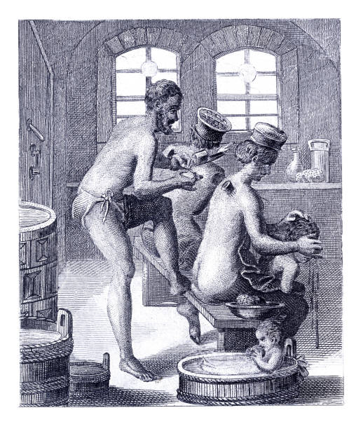 Barber surgeon cupping therapy at public bath 16th century A barber surgeon was a person who could perform surgical procedures including bloodletting, cupping therapy, pulling teeth, and amputation. Barbers could also bathe, cut hair, shave or trim facial hair, and give enemas( treat with cupping therapy )
Original edition from my own archives
Source : Bilder-Atlas - Ikonographische Encyklopädie 1870
after Jost Amman 1568 cupping therapy stock illustrations