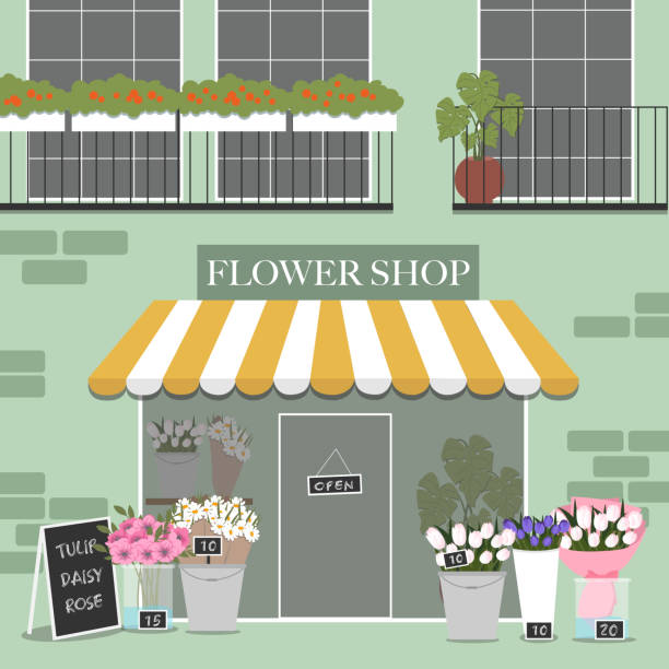 ilustraciones, imágenes clip art, dibujos animados e iconos de stock de floristería con muchas flores diferentes en estilo plano, ilustración vectorial. - florist flower gardening store