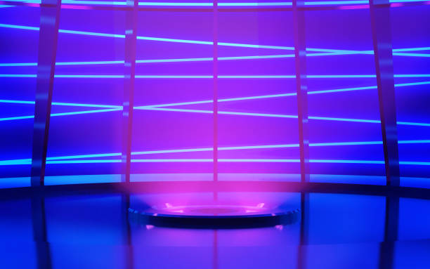 istock Abstract futuristic empty stage background decorate with blue neon light, 3d rendering picture 1321345643