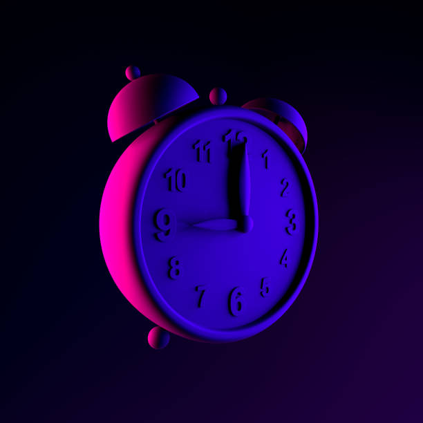 istock Neon vintage alarm clock icon. 3d rendering ui ux interface element. Dark glowing symbol. 1321346343