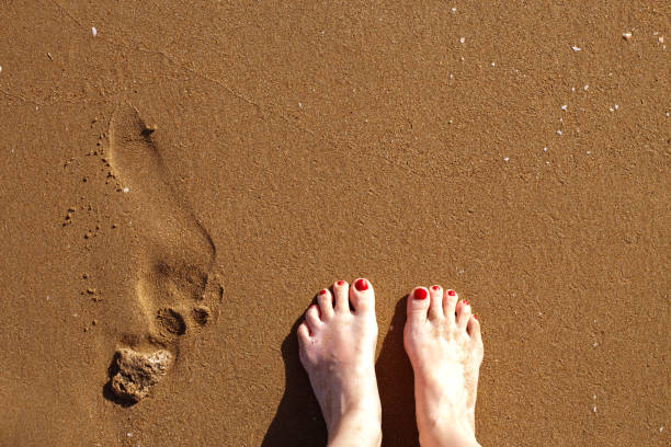 istock a human footsteps and female feet on a sandy beach 1321347497