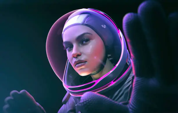 Photo of female astronaut with neon color helmet