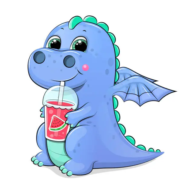 Vector illustration of Cute cartoon blue dragon drinks watermelon juice.