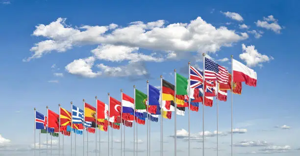 Photo of The 30 waving Flags of NATO Countries - North Atlantic Treaty. Isolated on sky background  - 3D illustration.