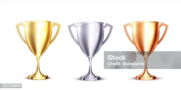 istock Realistic icon with gold, silver and bronze trophy on white background. Realistic 3d design. 1321350893