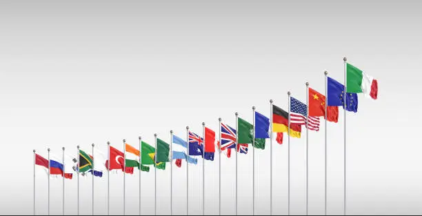 Waving flags countries of members Group of Twenty. Big G20, in Rome, the capital city of Italy, on 30â31 October 2021. 3d Illustration. Isolated on grey background.