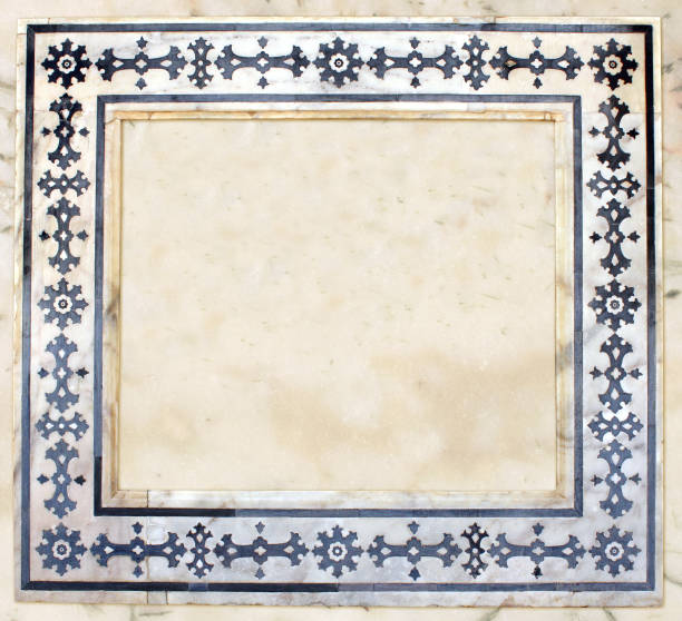 Horizontal ancient natural marble geometric frame with tile mosaics. Copy space for text. Mock up template