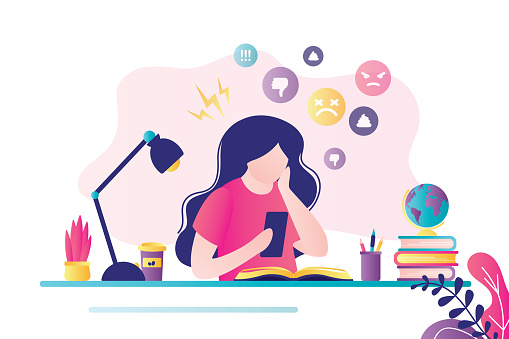 Female character sitting with mobile phone at workplace. Bullying and humiliation on social media. Girl gets negative comments on Internet. Cyber bullying concept. Trendy flat vector illustration