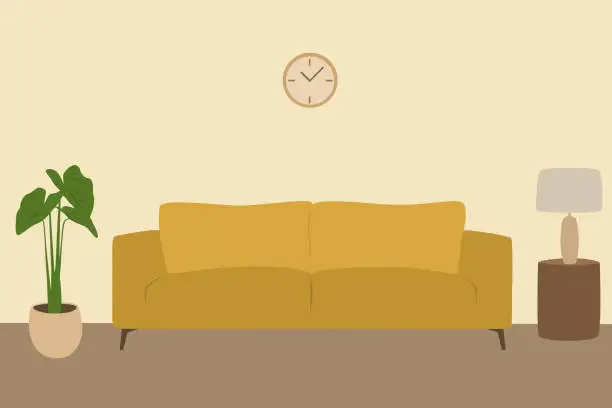 Vector illustration of Living Room Interior With Yellow Sofa, Potted Plant And Wall Clock