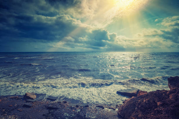 istock Beautiful wild beach with dramatic sky. Seascape in the evening 1321356214