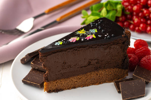 istock Piece of chocolate cake on table close up 1321356544