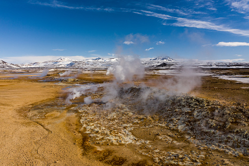 Aerial view of geothermal springs in the location of Hverir. Iceland in early spring.