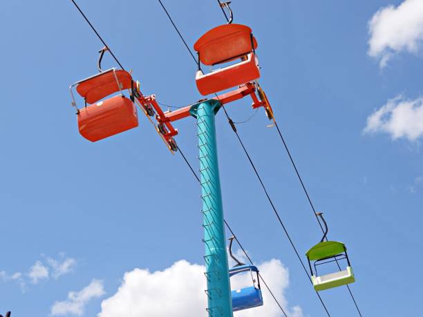 istock Amusement Park Cable Cars with a cloud sky background 1321358295