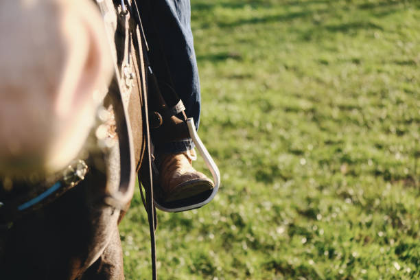 istock Western lifestyle shows boot in stirrup during horseback riding 1321359716