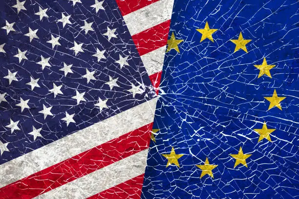 United States of America & European Union Diplomatic Dispute, Trade War, Finance and Economic Sanction Concepts.