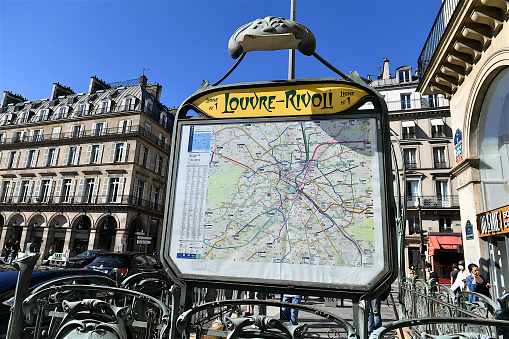 Paris, France-05 31 2021:Paris Metro map at a subway station located on rue de Rivoli, Paris, France.
