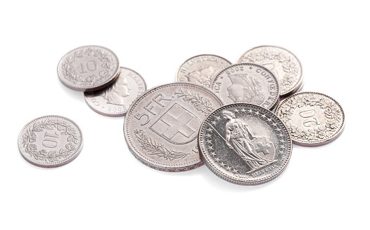 Modern swiss change coins on white background