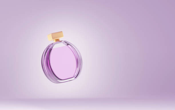 frasco de perfume cosmético aislado sobre fondo morado. envase redondo de vidrio con líquido rosado para mujeres. producto de cosmética con gorra de oro, esencia floral, envase en spray, maqueta de banner 3d ilustración - perfumado fotografías e imágenes de stock