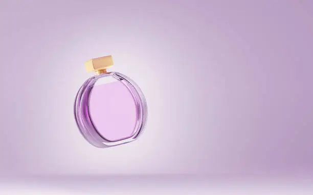 Cosmetic perfume bottle isolated on purple background. Glass round container with pink liquid for women. Cosmetics product with gold cap, floral essence, spray packaging. Mockup banner 3d illustration