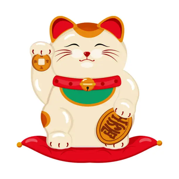 Vector illustration of A cat of happiness, good luck, wealth, white, sits on a red pillow with coins in his hands, a bell and a bib.