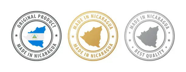 Vector illustration of Made in Nicaragua - set of stamps with map and flag. Best quality. Original product.