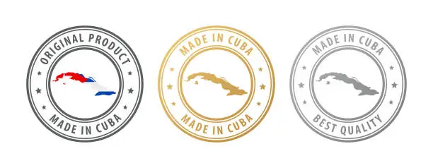 Vector illustration of Made in Cuba - set of stamps with map and flag. Best quality. Original product.