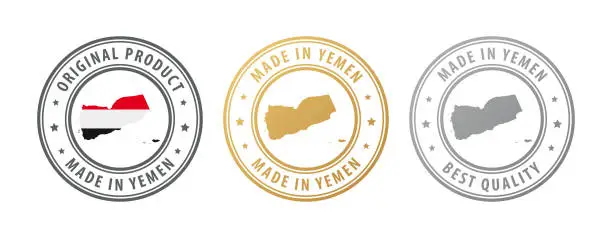 Vector illustration of Made in Yemen - set of stamps with map and flag. Best quality. Original product.