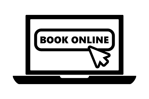 flat black laptop icon with arrow pointer or cursor mouse clicking on book online button linear icon. Concept of using screen mobile computer or search click mouse pre-booking hotel on website.