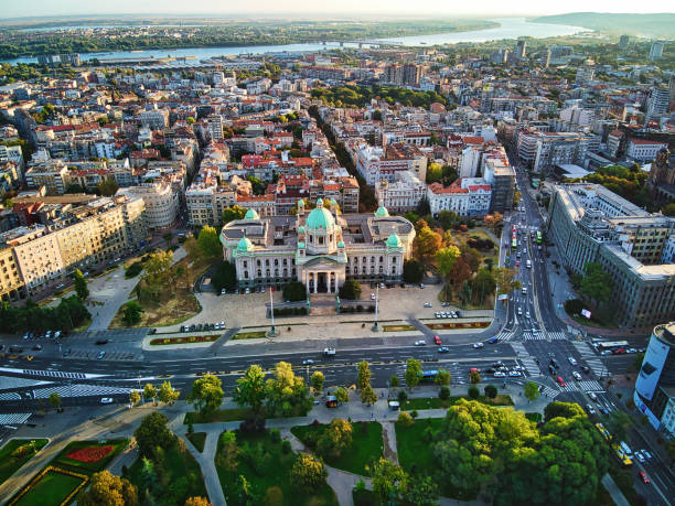 Sunrise over Belgrade and National Assembly of the Republic of Serbia at the downtown stock photo