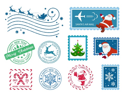 Merry Christmas stamp. Santa Claus postage stamps. Christmas mail. Set of different Christmas stamps. Santa's Air Mail. Isolation. Vector
