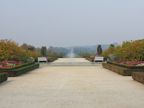Venaria, Italy - Circa October 2017: Fountain in the gardens of the Reggia di Venaria palace