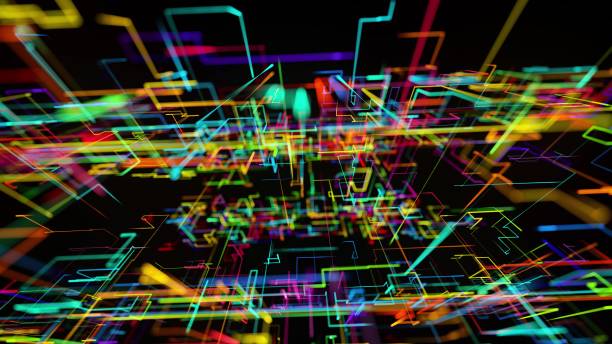 istock 3d rendering sci-fi bg like abstract hologram. Multicolor neon glow lines form digital 3d space. Connection concept, visualization of multiple calculations of various branches neural network or AI 1321383583